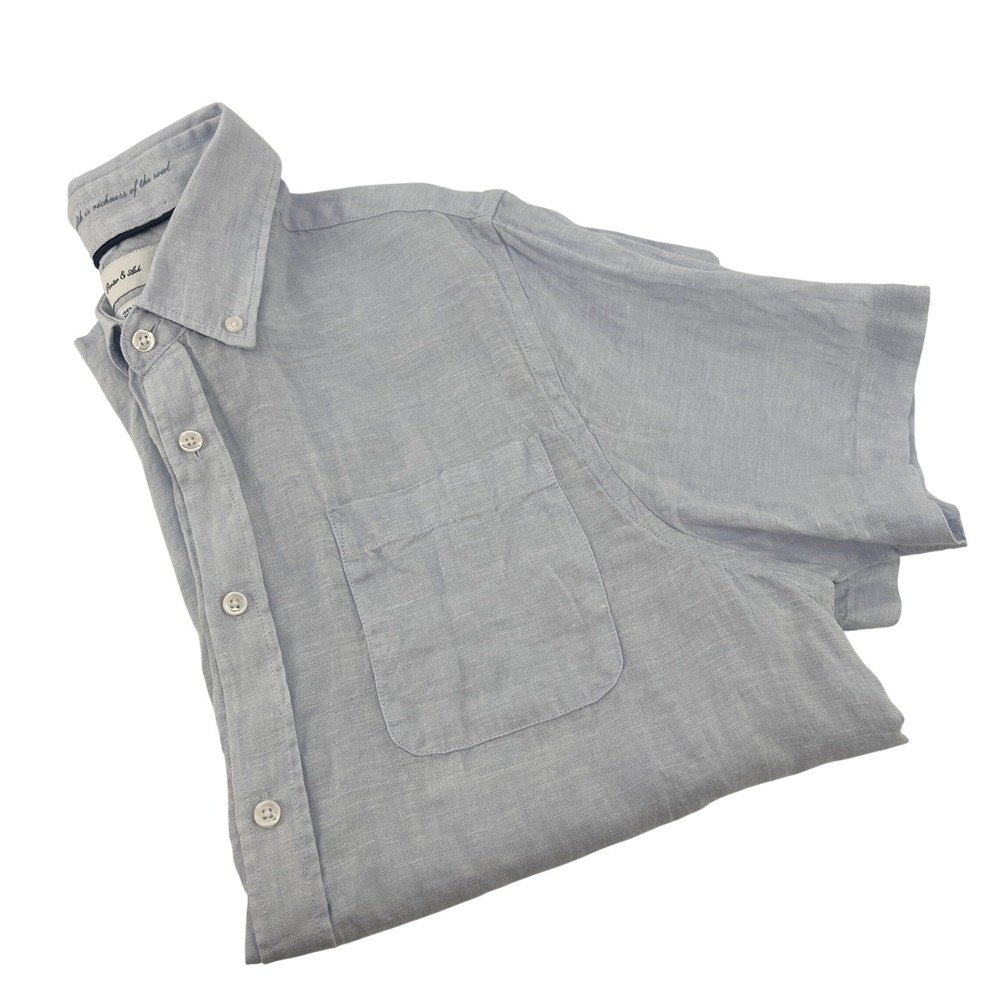 Porter & Ash Mens XL Blue 100% Linen Short Sleeve Button Down Shirt Pocket Logo